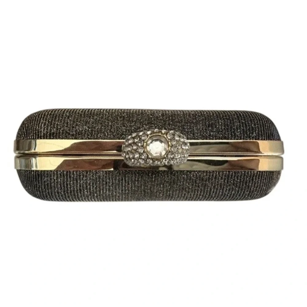 Metallic Shimmer Ring Clasp Evening Clutch Bag with Gold Chain Strap Silver